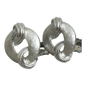 Vintage Coro Corocraft Brushed Silver Tone Round Swirl Accent Clip On Earrings